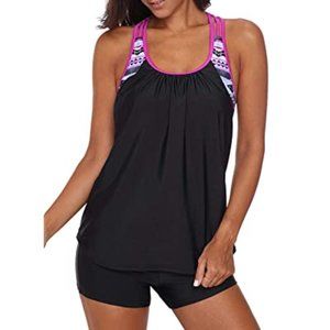 Aleumdr Womens Floral Blouson 2 Piece Strappy T-Back Tankini Top with Shorts NWT